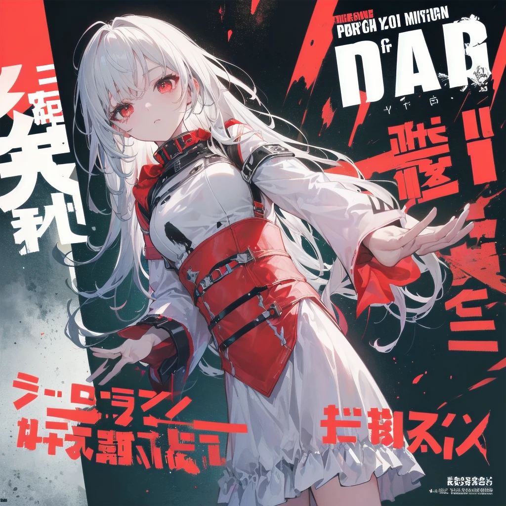 A once-in-a-millennium masterpiece, A photo that can never be taken again, Absurd high resolution, (Expressionless), (Red tears flow from the eyes:1.2), vampire, woman, Silver Hair, Red eyes, Big eyes that draw you in, White clothes, Red dyed clothes,There are red spots all over, Red from the mouth,Cowboy Shot、From above、Tabletop、White sweater,( change)Moderate, Separate Color,bs shoulder, Blushed,(Gray Hair), White Gloves,White boots,dirty,Torn clothes,Clothing that shows blood:1.3),, ((((dramatic))), (((Grainy))), (((intense))) film poster featuring a young platinum white hair woman as the central character. She stands have confidencely in the center of the poster, wearing a stylish and edgy Harajuku-inspired hip hop Costume, with a determined Performance on her face. The background is aesthetic atmospheric dark and Grainy, With danger and tension. The article is bold and to attract attention, with a Catchy tagline that adds to the overall feeling of drama and excitement. The color palette is mainly dark with splashes of Vibrant neon colors, giving the poster a dynamic and visually impressive appearance,tachi-e (magazine:1.3), (cover-style:1.3), fashionable, woman, Vibrant, Costume, Sexy seductive poses, front, colorful, dynamic, background, element, have confidence, Performance, Holding, statement, accessories, Majestic, Coiled, The surrounding area, touch, scene, article, cover, bold, to attract attention, title, stylish, font, Catchy, Heading, big, impressive, Modern, trend, concentrated, fashion,