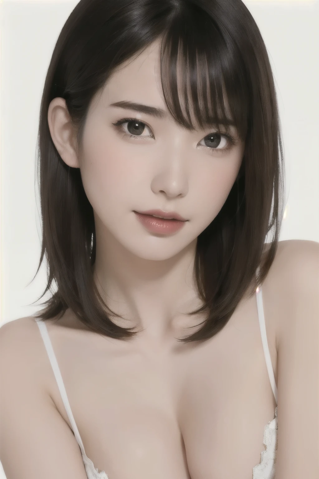 ((masterpiece, Highest quality, High resolution、Everything is beautifully detailed)), 1 girl, (Realistic: 1.4), alone, White Background, snow-White Background, Mouth closed, Smile, Smile, Beautiful black hair, short hair, Big eyes, Transparent double eyelids, eyelash, Listen carefully, Long neck, 美しくLong neck, Absolute area, ((Face close-up)), (Draw the whole head, shoulder), 19 years old, Attractive proportions, Glowing Skin, Beautiful collarbone, Golden ratio face, Perfect Face, Teardrop-shaped moles, Mole on chest, bangs, clean bangs, beautiful bangs, Lip gloss, Thin lips, Fair skin, naked, Big Breasts, {gigantic|big|huge|mega} breasts, cleavage,Small face, Small face, All the heads are painted, shoulder all drawn, Looking slightly above the camera