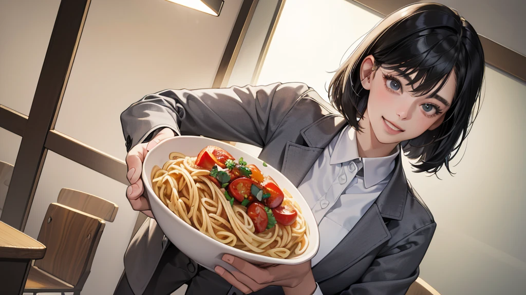 (perfect anatomy:1.2)(absurdres, highres, ultra detailed),masterpiece,best quality,high resolution,8k,Realistic face,Realistic skin texture,magnified textures, stunning clarity,detailed anime girl,(ultra detailed eyes and face),(1 girl:1.2)21years old,she is office worker,lunch time,Italian restaurant in a district,smile,grin:1.2,black hair, bob cut,natural make,grey jacket and pants,white brouse,light look at winfows,sparkling eyes.small nose,roundface,She looks happy,upper body,Italian restaurant Eating pasta happily