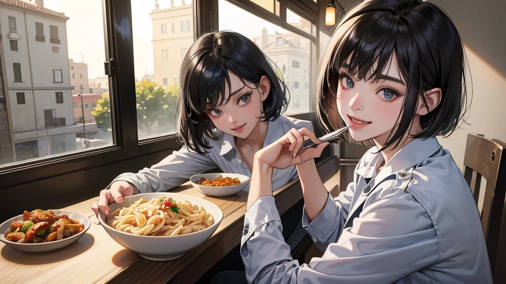 (perfect anatomy:1.2)(absurdres, highres, ultra detailed),masterpiece,best quality,high resolution,8k,Realistic face,Realistic skin texture,magnified textures, stunning clarity,detailed anime girl,(ultra detailed eyes and face),(1 girl:1.2)21years old,she is office worker,lunch time,Italian restaurant in a district,smile,grin:1.2,black hair, bob cut,natural make,grey jacket and pants,white brouse,light look at winfows,sparkling eyes.small nose,roundface,She looks happy,upper body,Italian restaurant Eating pasta happily