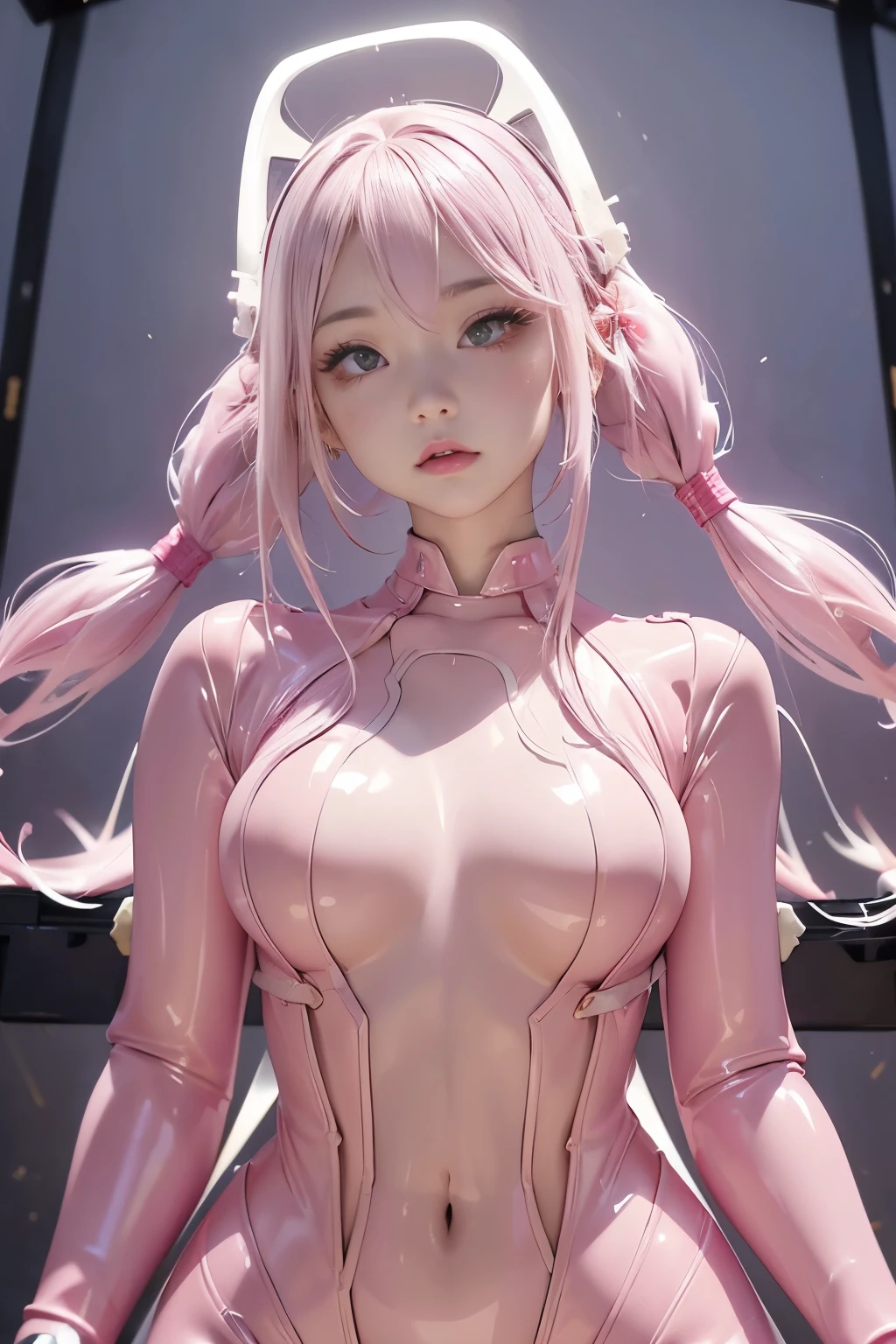 ((Upper body photo))、Cute face、Pink Hair、Long Hair、Twin tails、White skin、((Shooting from the front:1.5 ))、((Tight latex suit:1.5)), ((Big Breasts)), Pointed nipples, masterpiece