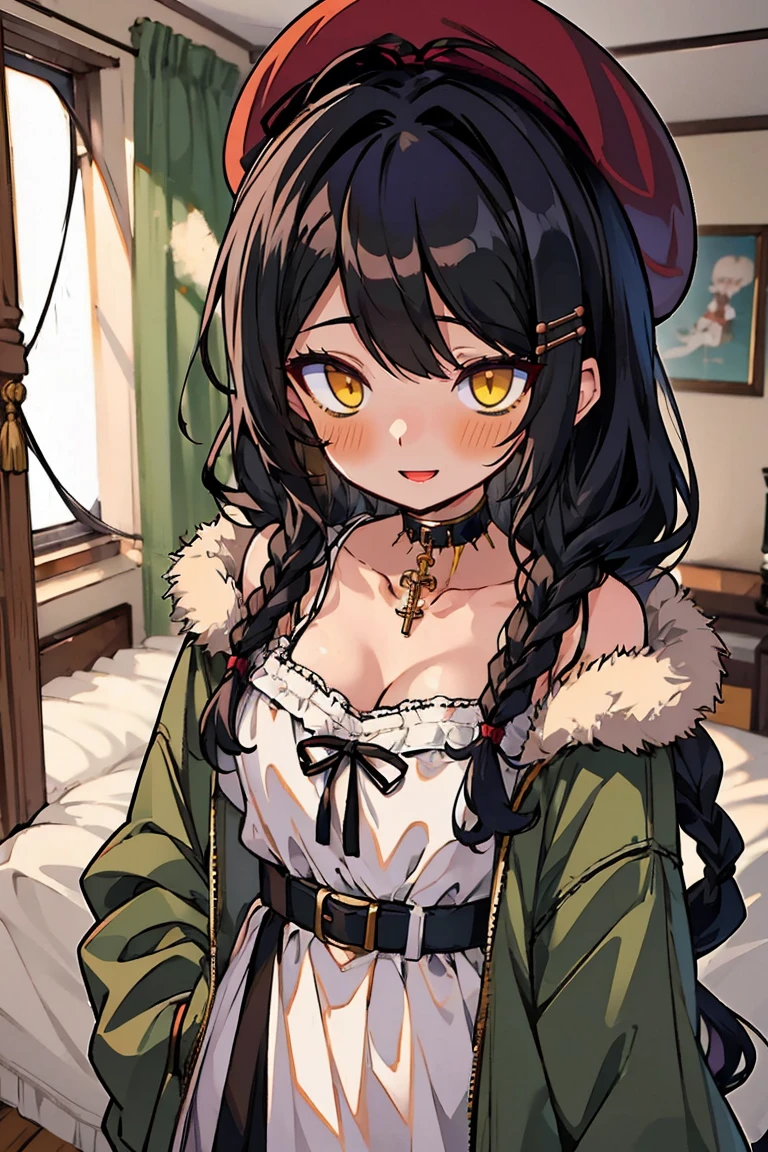 (masterpiece:1.2), (high quality:1.2), hui xiyi, rekkyo sensen, rekkyou sensen, girls with((1girl, solo, black hair, yellow right eyes, silver left eyes, (wavy long hair, , right swept bangs, wearing a red millitary beret, braids, hairclips:1.55), blush, breasts, choker, cleavage, coat, cowboy shot, navy lace dress, ribbon waist belt, collar, collarbone, rosary, rosary choker, cross, fur, fur trim, parka, khaki hoodie, green hoodie, hood down, hooded coat, hooded jacket, hoodie, jacket, large breasts, long sleeves, medium breasts, open clothes, open coat,open hoodie, sleeveless, winter clothes, zipper, cleavage, upper body, hand up, waving, palm)), background with((bedroom, room:2.0))