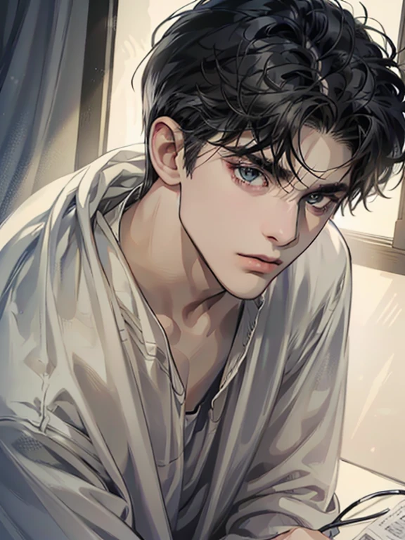 (best quality digital art digital illustration 4k high resolution beautiful image hyper-detailed image perfect lines soft lighting night environment focus face soft zoom) (1:1 photorealistic) (neutral colors hdr 1.4) a young adult man (thoughtful expression) black and white modern clothes black eyes medium black hair