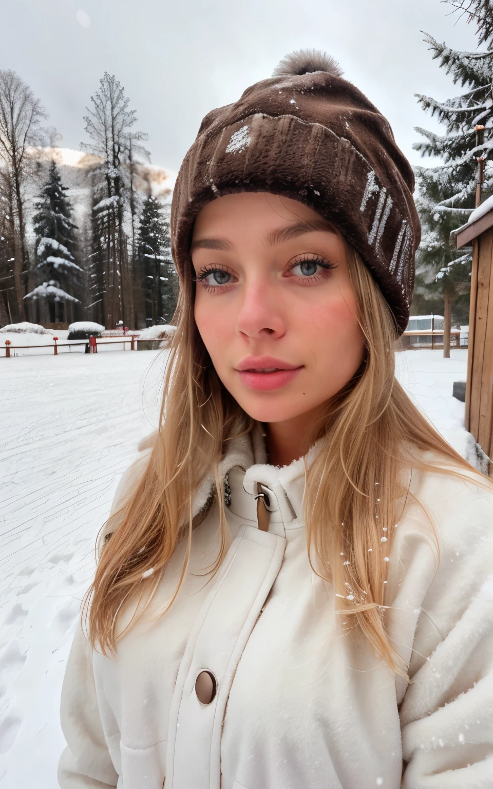 close up of the face, front view, a cute blonde in the snow outside, wearing a brown cap and an ultra-realistic jacket 