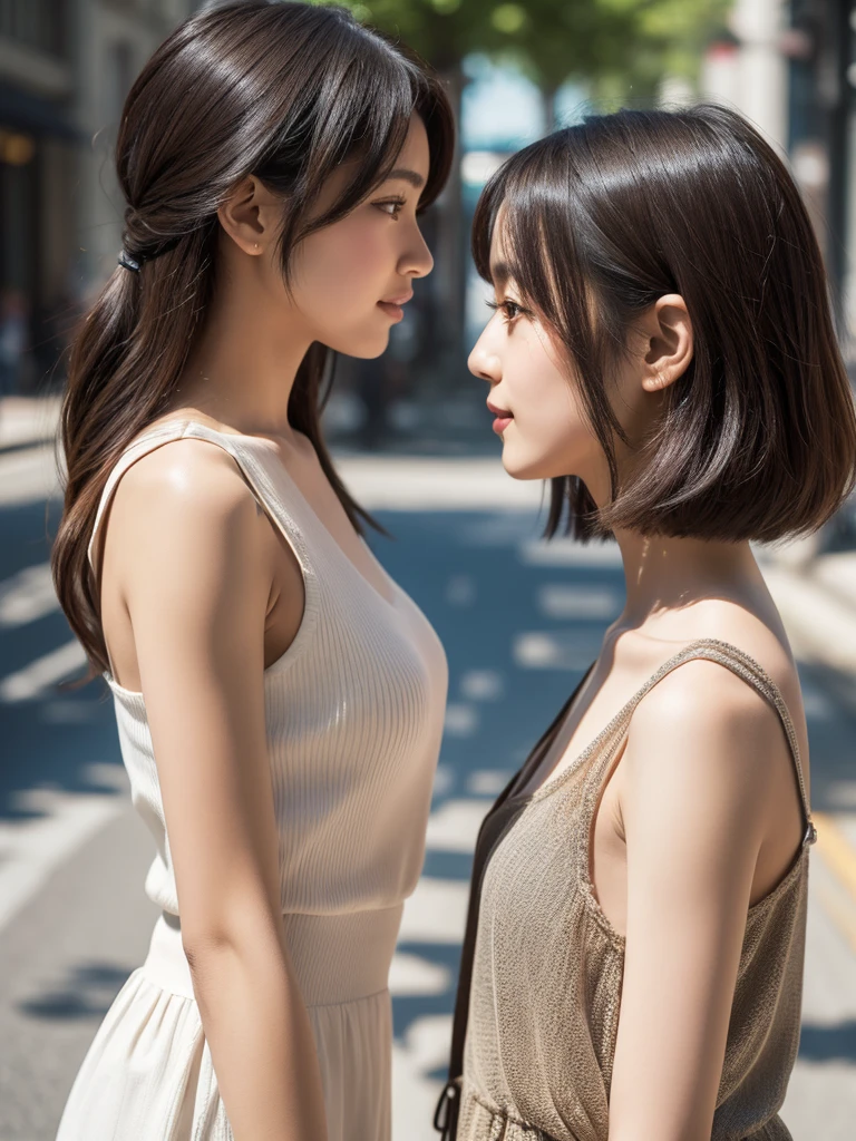 Tabletop、masterpiece,(Stock Emphasis:1.3)、(Sleeveless tops),Natural light、 Attention to detail, Depth of written boundary, 135mm, Super detailed, high quality, Awards, 最high quality, High resolution, 8k,30 years old、(Two women facing each other:1.5),Correct skeleton,(Side Shot;1.3),(Side view:1.5),(On the street),smile