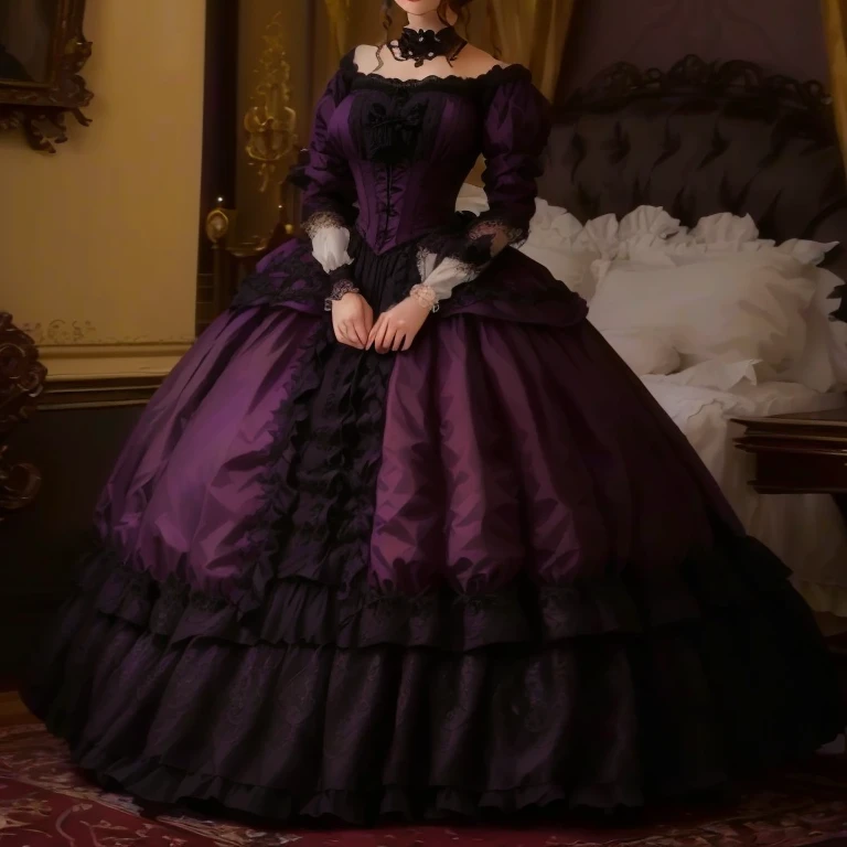 a woman in a purple dress is standing in a room, victorian dress, intricate victorian dress, black victorian dress, historical baroque dress, vintage gothic dress, in victorian aristocrat, historical baroque dress dark, victorian style costume, elegant Victorian vampire, Victorian Gothic ta fashion, Victorian-inspired clothing, with Victorian Clothes, Victorian Gothic, Victorian Clothes, ornate dark red opulent clothing