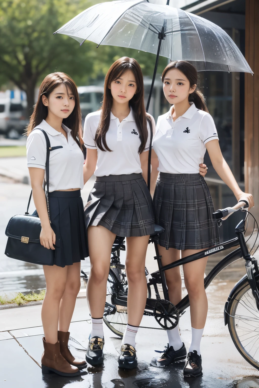 heavy rain, soaked, umbrella, long hair, looking at viewer, smile, bangs, blue eyes, multiple girls, skirt, brown hair, shirt, black hair, short sleeves, brown eyes, long hair, standing, white polo shirt, pleated skirt, open clothes, shoes, socks, striped, collared shirt, hand up, (3girls:1.3), bag, kneehighs, plaid skirt, brown footwear, flying sweatdrops, loafers, grey skirt, school bag, diagonal stripes, (ride on bicycle :1.3)
