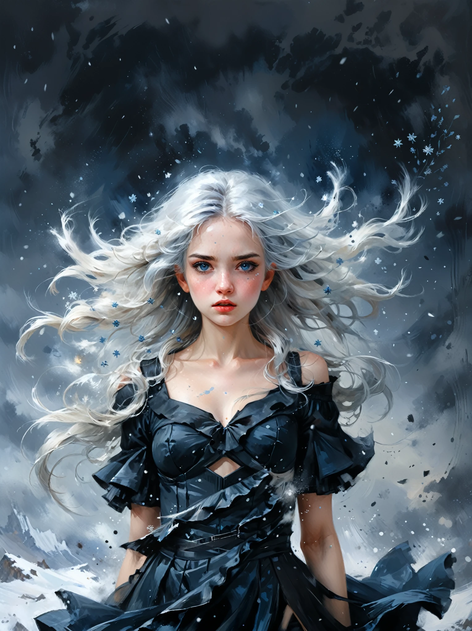 Girl portrait, a painting of a young woman with wild, silver-white hair that is being ruffled by the wind. She has fierce angry expresion. She is wearing a simple black dress that is blowing in the winds. The woman's eyes are also silvery and her skin is pale sickly blue. Her face has freckles in the shape of little blue snowflakes. She has several small cuts along her face and any skin that is showing. She is in frontal view, and holding a compact powder in both hands. With a blizzard coming out of the compact powder. Art by Albert Eckhout enchanting, full color. highly detailed beautiful face, , soul, digital illustration, approaching perfection, dynamic, highly detailed, watercolor painting, artstation, concept art, smooth, sharp focus, illustration in the style of artists like Russ Mills, Sakimichan, Wlop, Lois, Art Germ, Darek Zabrocki, and Jean-Baptiste Monge, ultra HD masterpiece, award winning work
