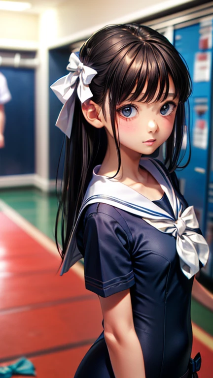 masterpiece,Highest quality,High resolution,shape,Very detailed,8k CG wallpaper,Ray Tracing,(Black Hair:1.1),((Long Hair:1.1)),(Black Eye 1:1.1),Straight hair,Mid-chest,((is 1:1.5)),((Bow 1:1.5)),((white short sleeve sailor uniform:1.2)),locker room,School Swimsuit