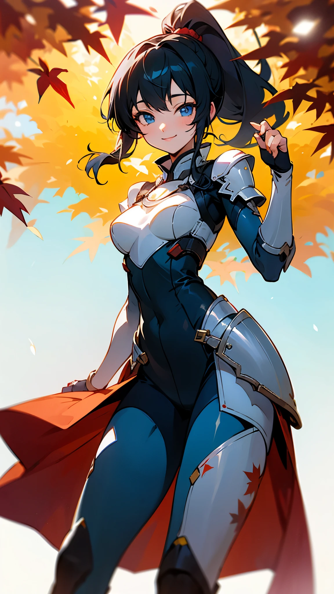 One girl、alone、Anime-style paintings、Sparkling Blue Eyes、Black Hair、ponytail、armor、Blue bodysuit、boots、Fits perfectly to the skin、skirt、thigh boots、Knee socks、Cowboy Shot、Wicked Smile、Perfect lighting、Autumnal leaves々、Momiji Park、Background Blur, Written boundary depth