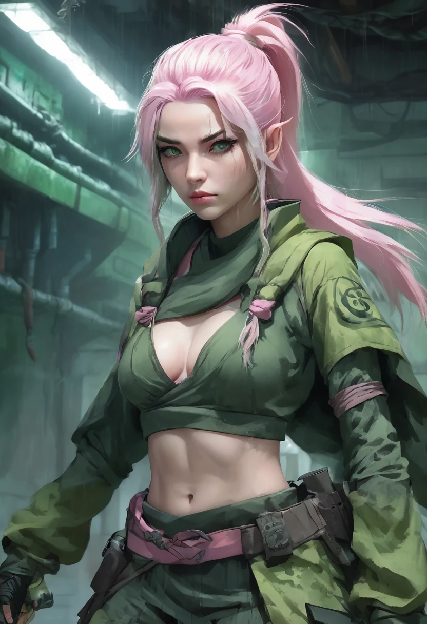 1 woman, inside a manual weapons room, wearing a moss green ninja outfit, detailed facial features, green and feminine eyes, detailed white skin, light pink hair, serious expression, dramatic lighting, cinematic composition, color palette cold and dark, atmospheric fog, strong body, thin chin, (best quality, 4K, 8K, high resolution, art: 1.2), ultra-detailed, (realistic, photorealistic, photorealistic: 1.37)