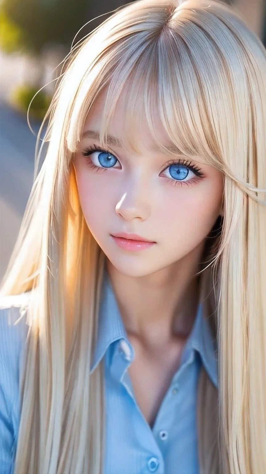 Very beautiful face、A beautiful girl、Super Long Hair、windy silky blonde super long hair、Swinging bangs、Cute sexy 16 year old blonde girl with light blue eyes、Hair above the eyes、片Hair above the eyes、Hair between the eyes、Big bright light blue eyes that shine so beautifully、eyeliner、Bright expression、Cheek gloss highlighter、Round face