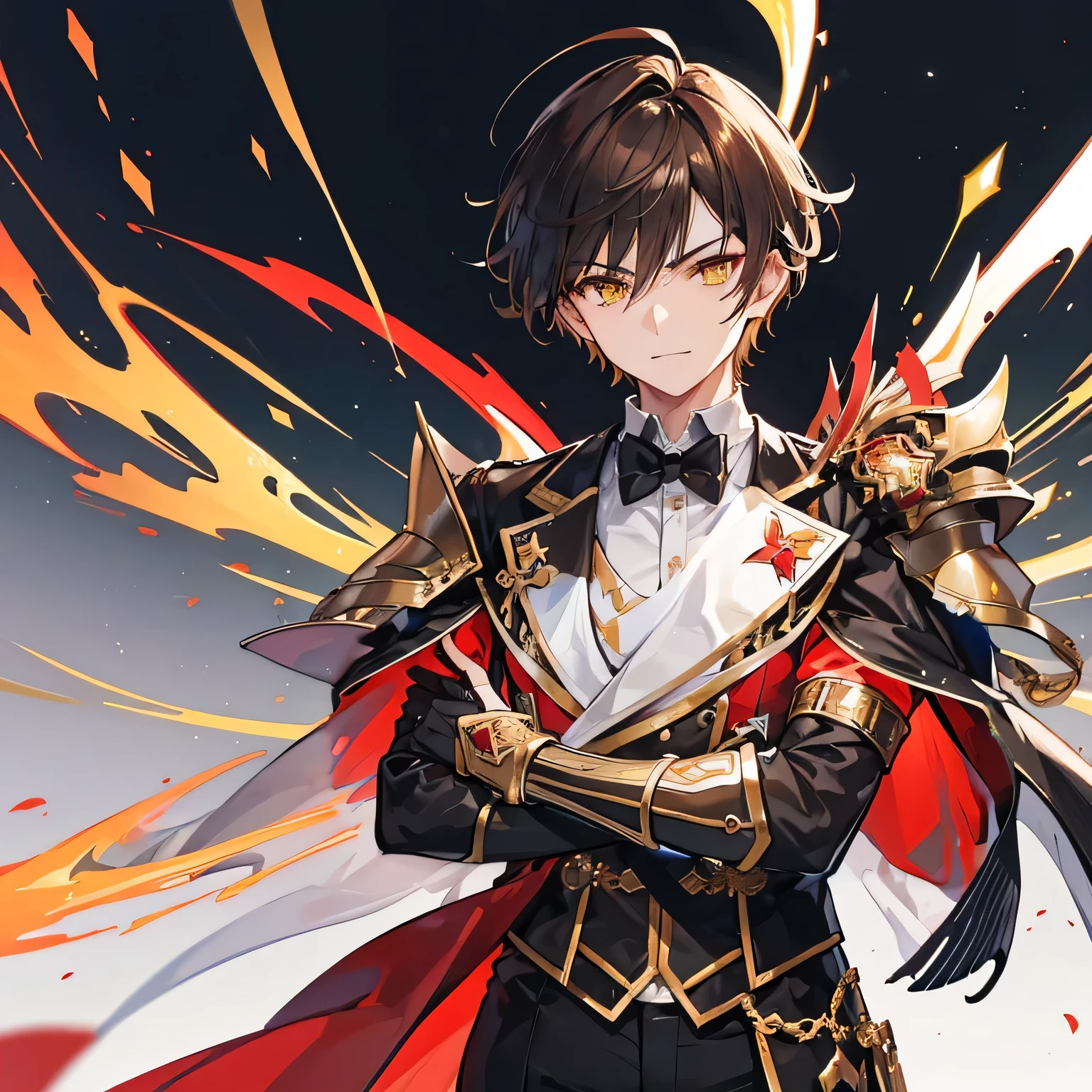 Handsome male, 17 years old, short brown hair, glowing golden eyes, galahad from fate, close up, calm expression, stoic, golden gauntlets, large sharp gauntlets, crossed arms, upper body, looking at viewer, Handsome, solo, male, short hair, brown hair, hair middle part, yellow eyes, smile facial, black tuxedo, red accents, white trim on tuxedo, black pant, giant gold gauntlets, golden energy