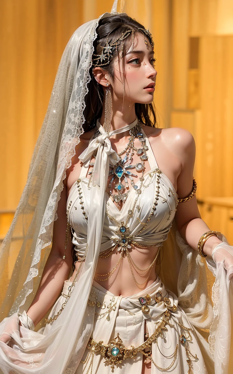 8k quality,Beautiful girl with prominent slim abdominal muscles: 1.4, (((The tip of the nipple protrudes, Areola protrusion, The shape of the abdominal muscles is clearly visible)), Six-pack abs: 1.4, photo, sharpest, Unique 850 4, Koda850K portrait camera, f1.6 Guns, Ultra-realistic textures, Spectacular light textures, Cinestil 800 Fashion Mechanic, Metal shackles, The wet crotch is clearly visible, Swarovski sword,Anatomy, Future Sci-Fi Battle Fashion,breasts symmetrical