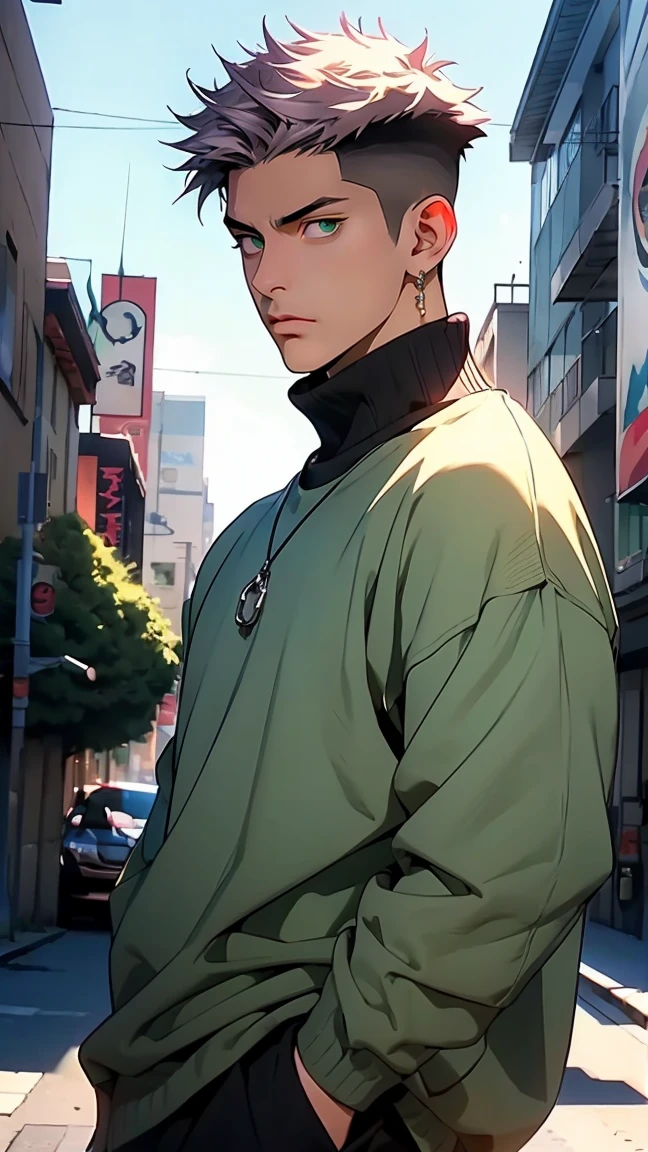 highest quality, 8K, high resolution image, anime style Jujutsu Kaisen, (Ryomen Sukuna), detailed strokes, bored look , blurred, purple light reflecting from it, (close angle), 1 man, young, male, model, hand in pocket, cool guy, multicolored Background with various geometric shapes, around stickers, muscular, dark pink hair, spiky hair , short Hair, swollen chest, green Eyes, withe shirt, black sweater, sweatpants, Background: big City, Streets, Park, People, blue sky, Cars, Bike