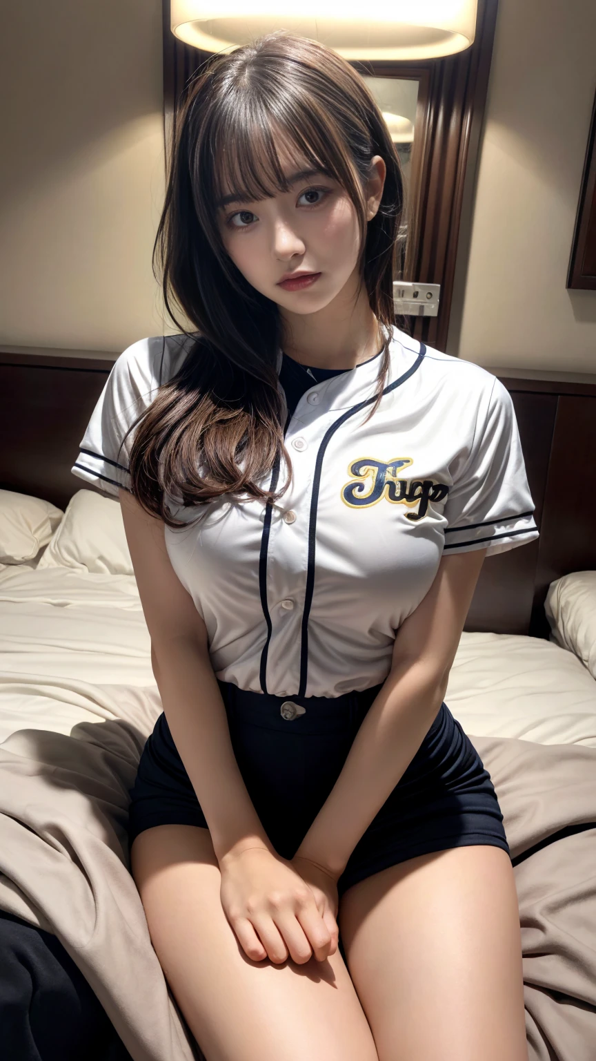 muste piece, best quality, illustration, Super detailed, fine details, High resolution, 8K,wall paper, perfect dynamic composition,(Details High quality, realistic depiction of eyes:1.3), short hair, (wavy hair:1.2), hotel room, (nup, see through:1.2), (Sexy Baseball Uniforms), a miniskirt, Toned buttocks, huge breasts, ponytail, black hair color, Big Natural Color Lip, bold sexy pose, crying a little、cold gaze, Harajuku style、20 year old girl、cute type、ta、beautiful legs, full body photo、focus on crotch, hposing Gravure Idol, woman on top, straddling, sittings