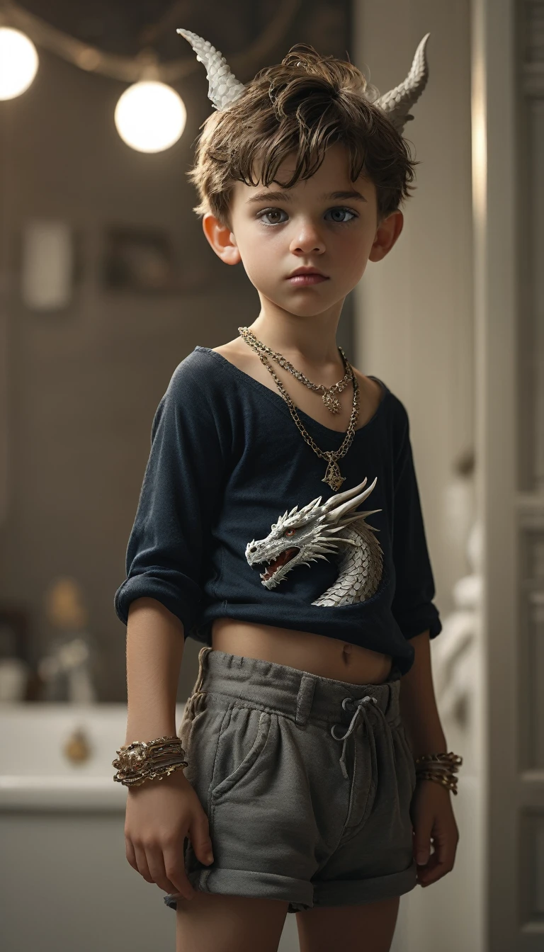 Surrealism:1.5, looking at the camera, Bokeh,, Carjacking, High-quality DSLR snapshots, High-definition film grain photo taken at f/16, ISO 100, With 200mm lens, Global Illumination, FibonacciUNDERWEAR, SHORTS, PANTS, AS TOM HOLLAND, (((LITTLE CUTE YOUNG BOY))), (fantasy art), 1 boy, about ,, IN BATHROOM, AI NIGHT, NO LIGHT, , beautiful, perfect face, sweet face, with a fantastic big white dragon, dark eyes, fantastic clothes with bare arms and legs , medium mane dark hair, fantastic hairstyle, necklaces and bracelets,, fantasy, (masterpiece, photorealistic, absurd), dappled sunlight, studio lighting, ((on neutral dark gray background)),, IN CASTLE,