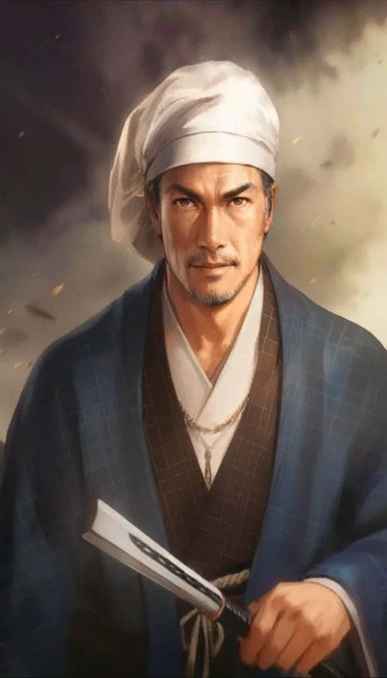 A high-resolution 4K vertical photograph of a samurai warrior inspired by the provided illustration. The samurai is wearing a traditional blue kimono with a prominently emphasized white headscarf. He has a smiling expression and is holding a weapon. The background depicts a battlefield, adding intensity to the scene. The atmosphere is serious, reflecting the warrior's readiness for action.