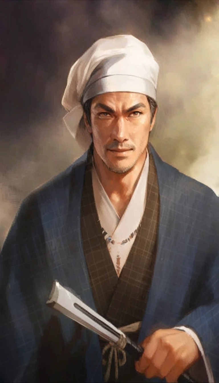 A high-resolution 4K vertical photograph of a samurai warrior inspired by the provided illustration. The samurai is wearing a traditional blue kimono with a prominently emphasized white headscarf. He has a smiling expression and is holding a weapon. The background depicts a battlefield, adding intensity to the scene. The atmosphere is serious, reflecting the warrior's readiness for action.