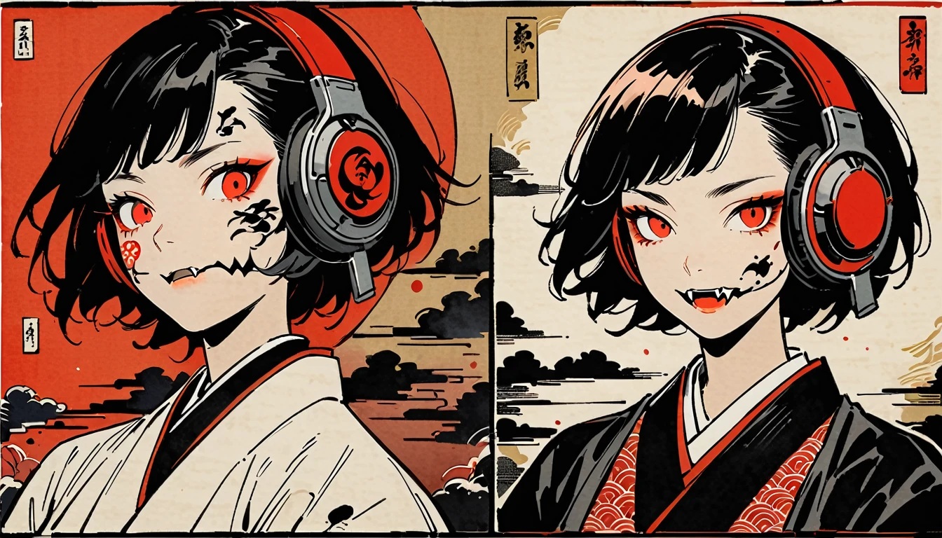 Ink Painting, (((1 person))), (((Tattoo on face))), ((( your fangs))), Japanese style headphones, Beautiful girl possessed by a demon, Black Hair, Red eyes, Delicate and precise, Modern ukiyo-e style