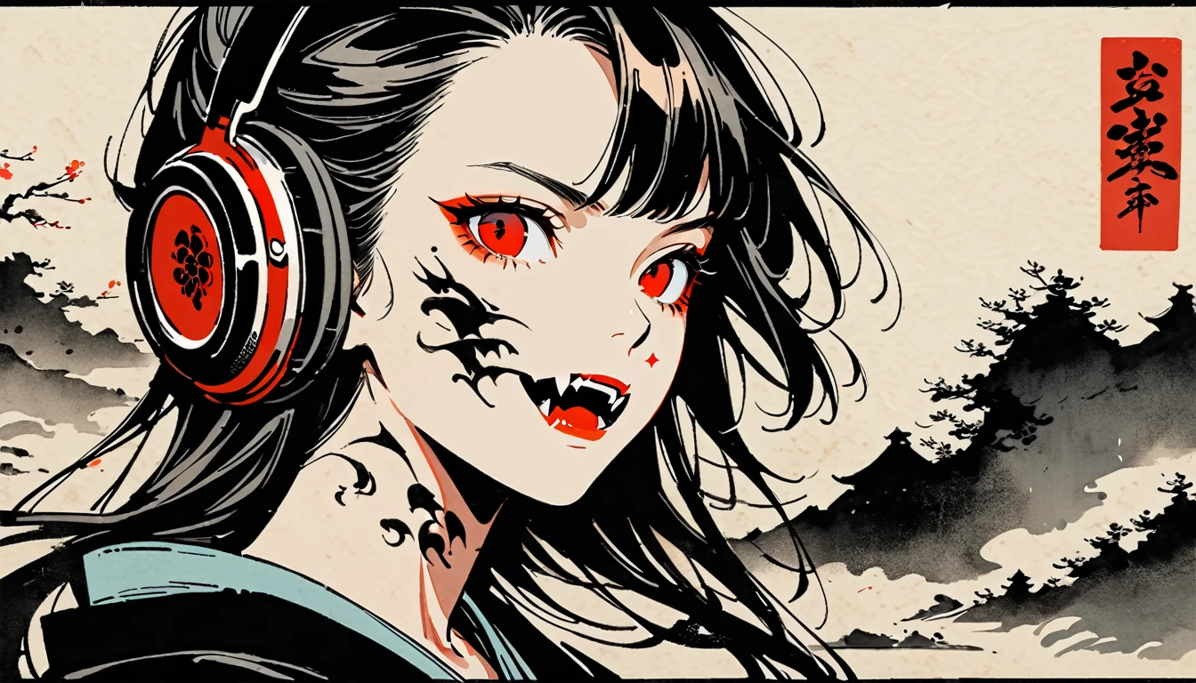 Ink Painting, (((1 person))), (((Tattoo on face))), (((Bare your fangs))), Japanese style headphones, Beautiful girl possessed by a demon, Black Hair, Red eyes, Delicate and precise, Modern ukiyo-e style