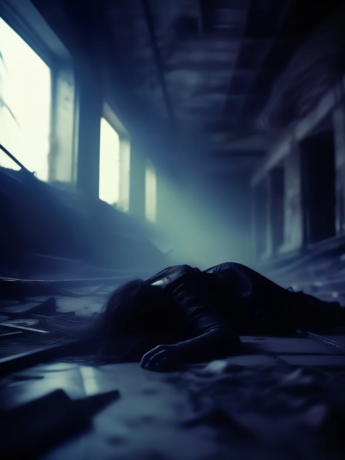 wyrmterro girl lies on the floor in an abandoned, demolished building, darkness