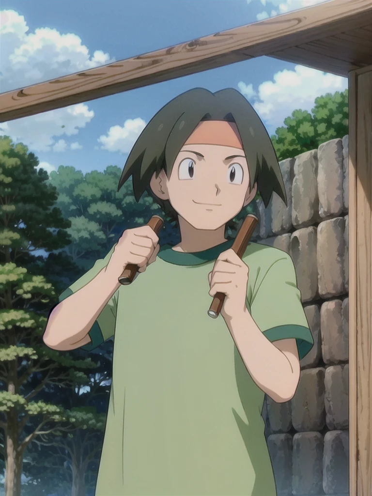 Tracey, solo, smile, shirt, 1boy, closed mouth, upper body, male focus, outdoors, sky, cloud, black eyes, green shirt, anime coloring