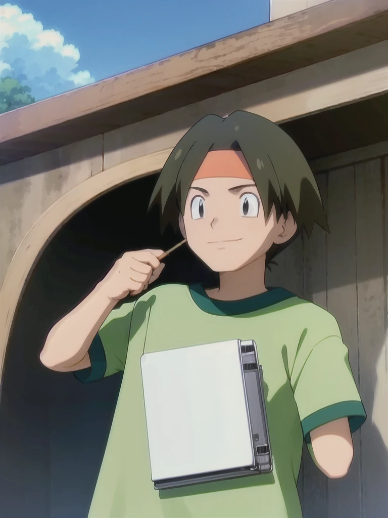 Tracey, solo, smile, shirt, 1boy, closed mouth, upper body, male focus, outdoors, sky, cloud, black eyes, green shirt, anime coloring