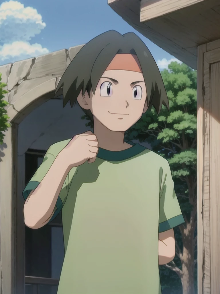 Tracey, solo, smile, shirt, 1boy, closed mouth, upper body, male focus, outdoors, sky, cloud, black eyes, green shirt, anime coloring