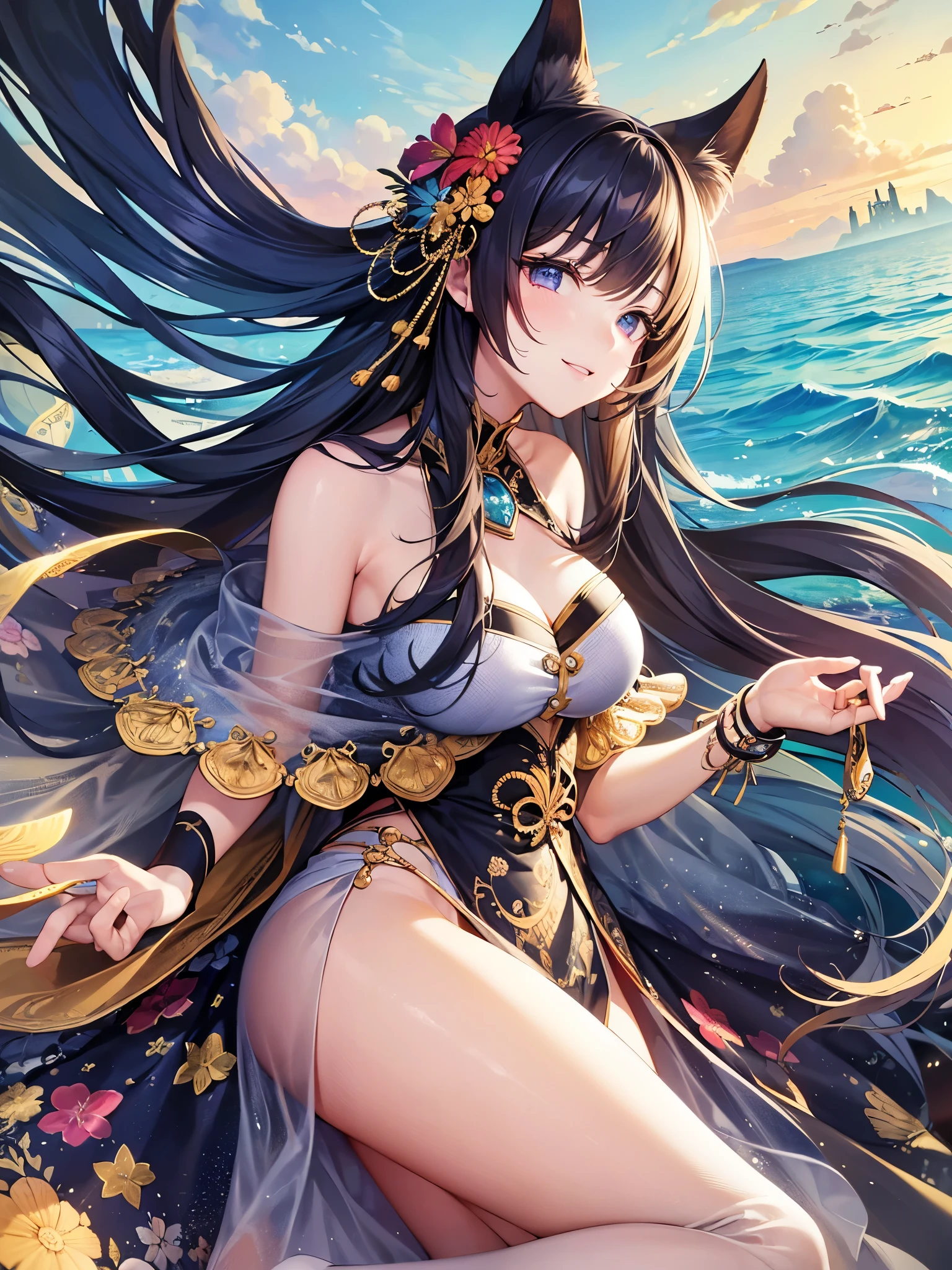 ((Highest quality)),(Ultra-high resolution),(Super detailed),(Detailed Description),((The best CG)),(masterpiece),Highly detailed art,(Art with precise details:1.5), Sunset on the horizon:1.6, The beach dyed in the sunset:1.4, smile:1.4,