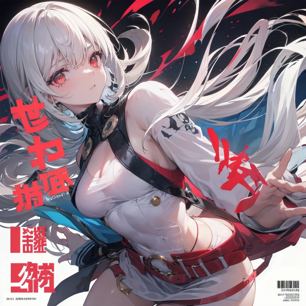A once-in-a-millennium masterpiece, A photo that can never be taken again, Absurd high resolution, (Expressionless), (Red tears flow from the eyes:1.2), vampire, woman, Silver Hair, Red eyes, Big eyes that draw you in, White clothes, Red dyed clothes,There are red spots all over, Red from the mouth,Cowboy Shot、From above、Tabletop、White sweater，（ change）Moderate, Separate Color，bs shoulder, Blushed，(Gray Hair), White Gloves，White boots，dirty，Torn clothes，Clothing that shows blood:1.3),, ((((dramatic))), (((Grainy))), (((intense))) film poster featuring a young platinum white hair woman as the central character. She stands have confidencely in the center of the poster, wearing a stylish and edgy Harajuku-inspired hip hop Costume, with a determined Performance on her face. The background is aesthetic atmospheric dark and Grainy, With danger and tension. The article is bold and to attract attention, with a Catchy tagline that adds to the overall feeling of drama and excitement. The color palette is mainly dark with splashes of Vibrant neon colors, giving the poster a dynamic and visually impressive appearance,tachi-e (magazine:1.3), (cover-style:1.3), fashionable, woman, Vibrant, Costume, Sexy seductive poses, front, colorful, dynamic, background, element, have confidence, Performance, Holding, statement, accessories, Majestic, Coiled, The surrounding area, touch, scene, article, cover, bold, to attract attention, title, stylish, font, Catchy, Heading, big, impressive, Modern, trend, concentrated, fashion,