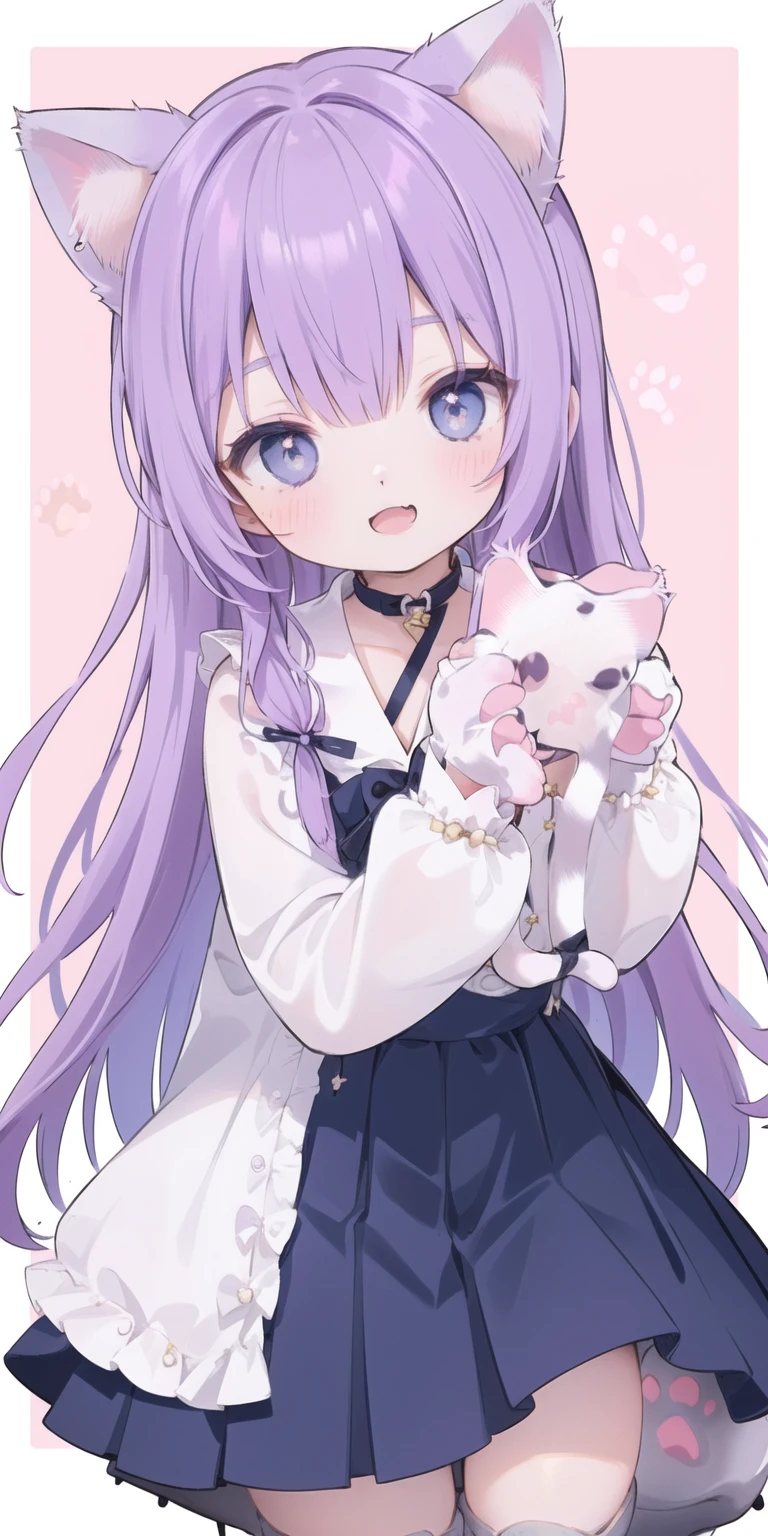 Cute Loli，Long hair，Purple Hair，Close one eye，Smile，open mouth，Piece logo，Big blue eyes，White Lolita，Pleated Skirt，Cat ears，Cat&#39;s Tail，Bow，Hair accessories，(Cat's paw gloves:2.0)，(White boots:2.0)，Leg ring，(whole body:1.7)，stage，Sing，Dance，(Paw pose:1.3)