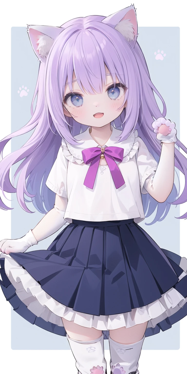 Cute ,Long hair,Purple Hair,Close one eye,Smile,open mouth,Piece logo,Big blue eyes,White Lolileated Skirt,Cat ears,Cat's Tail,Bow,Hair accessories,(Cat's paw gloves:2.0),(White boots:2.0),Leg ring,(whole body:1.7),stage,Sing,Dance,(Paw pose:1.3)
