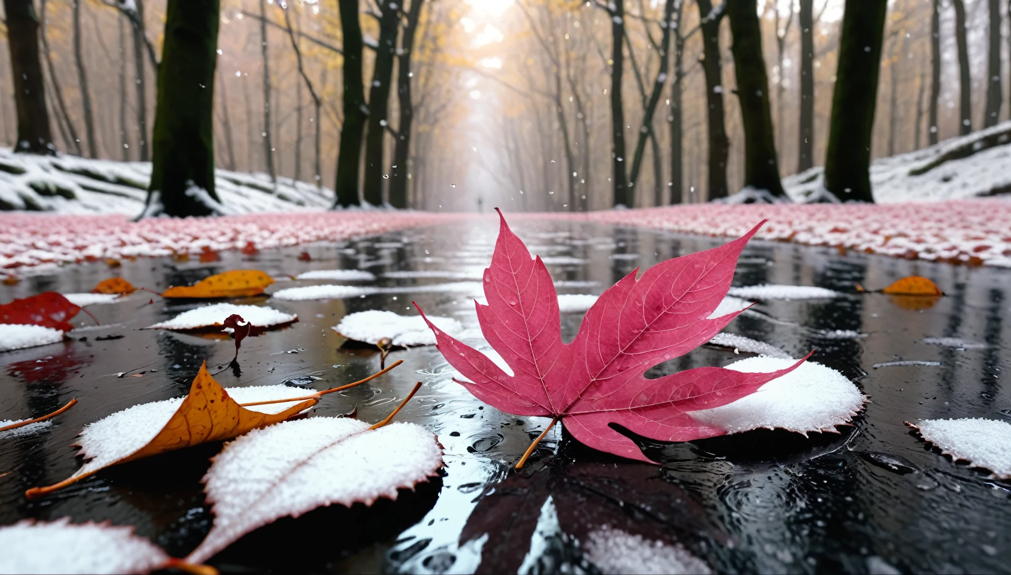 light pink leaves,winter leaves, magical round leaves leaves falling, snow is falling thinly,nature documentry footage, youtube video screenshot, today's featured photography 4k, autumn rain turkel, nature photography 4k, november, cinematic widescreen shot, leaves and magic, high quality screenshot, 2 0 2 1 cinematic 4 k framegrab, wide screenshot