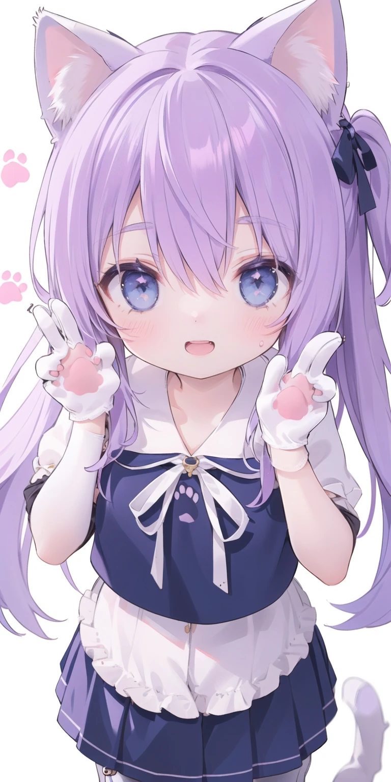 Cute Loli，Long hair，Purple Hair，Close one eye，Smile，open mouth，Piece logo，Big blue eyes，White Lolita，Pleated Skirt，Cat ears，Cat&#39;s Tail，Bow，Hair accessories，(Cat's paw gloves:2.0)，(White boots:2.0)，Leg ring，(whole body:1.7)，stage，Sing，Dance，(Paw pose:1.3)