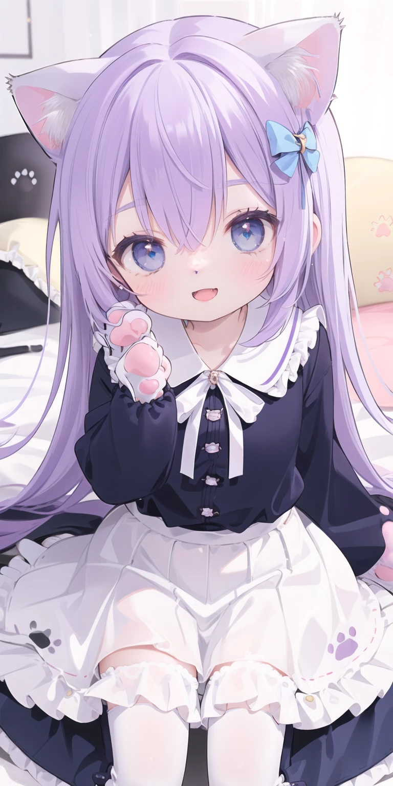 Cute ,Long hair,Purple Hair,Close one eye,Smile,open mouth,Piece logo,Big blue eyes,White Lolileated Skirt,Cat ears,Cat's Tail,Bow,Hair accessories,(Cat's paw gloves:2.0),(White boots:2.0),Leg ring,(whole body:1.7),stage,Sing,Dance,(Paw pose:1.3)