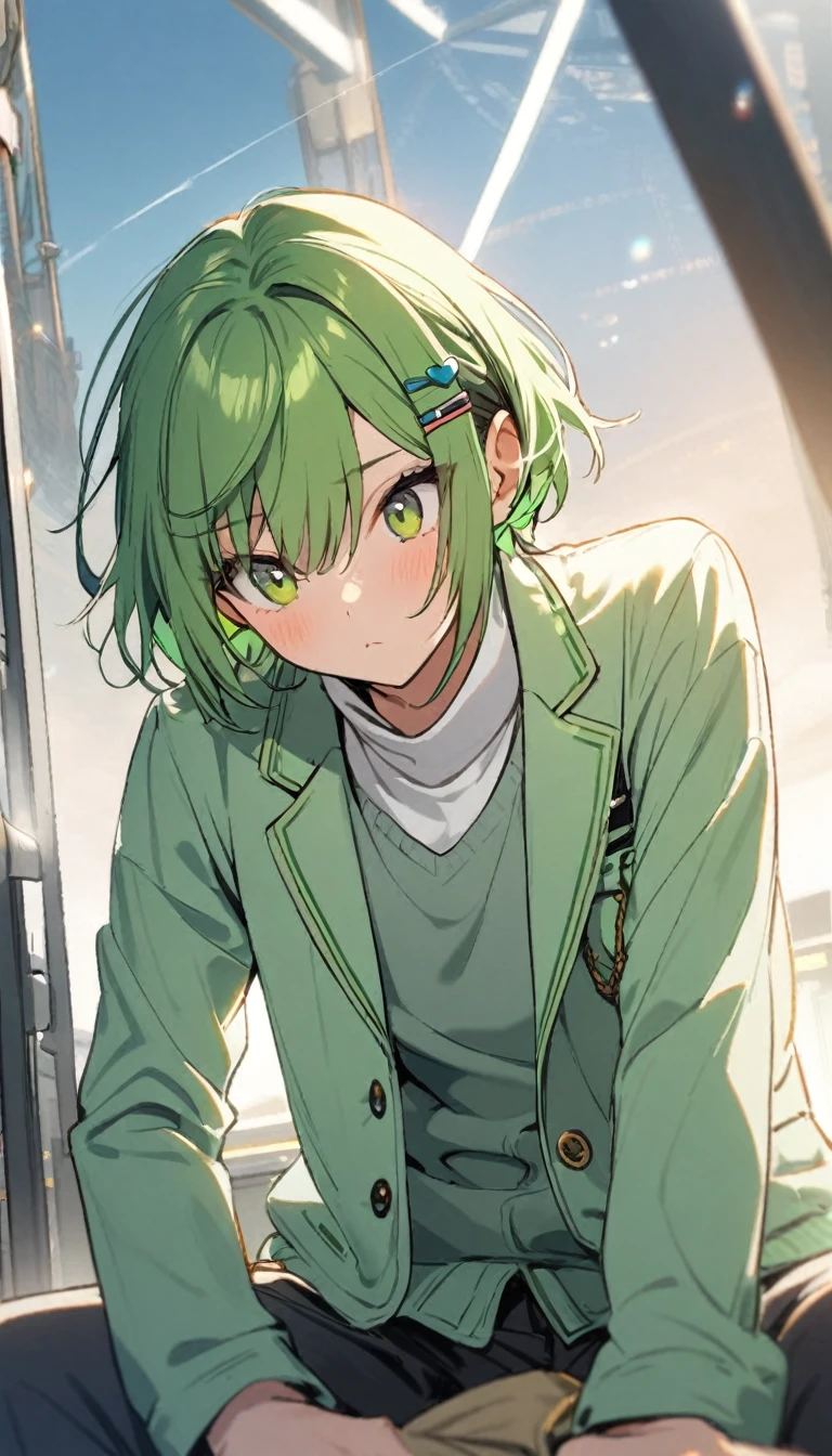 1boy , short green hair , hair clips ,  , light green sweater with white blazer on top , green watch 