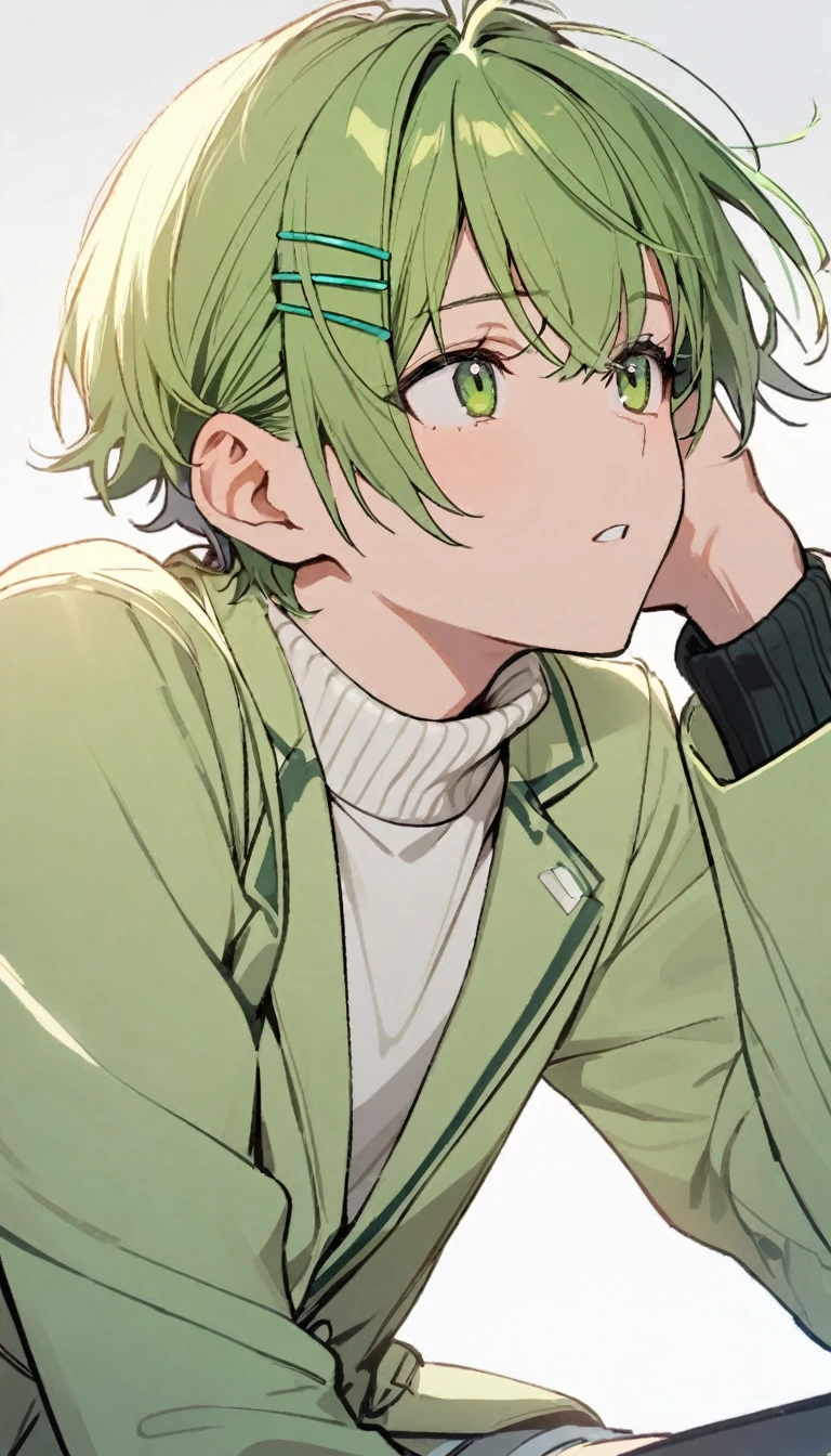 1boy , short green hair , hair clips ,  , light green sweater with white blazer on top , green watch 