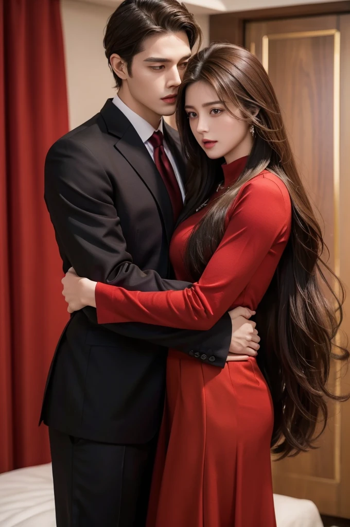 1 man,1woman, woman in long hair, woman look like Karina Aespa, brown hair, purple eyes, red shirt, black skirt, man in musculair, suit, trained, man are taller than woman, hugging romance, background gold red luxurious house room