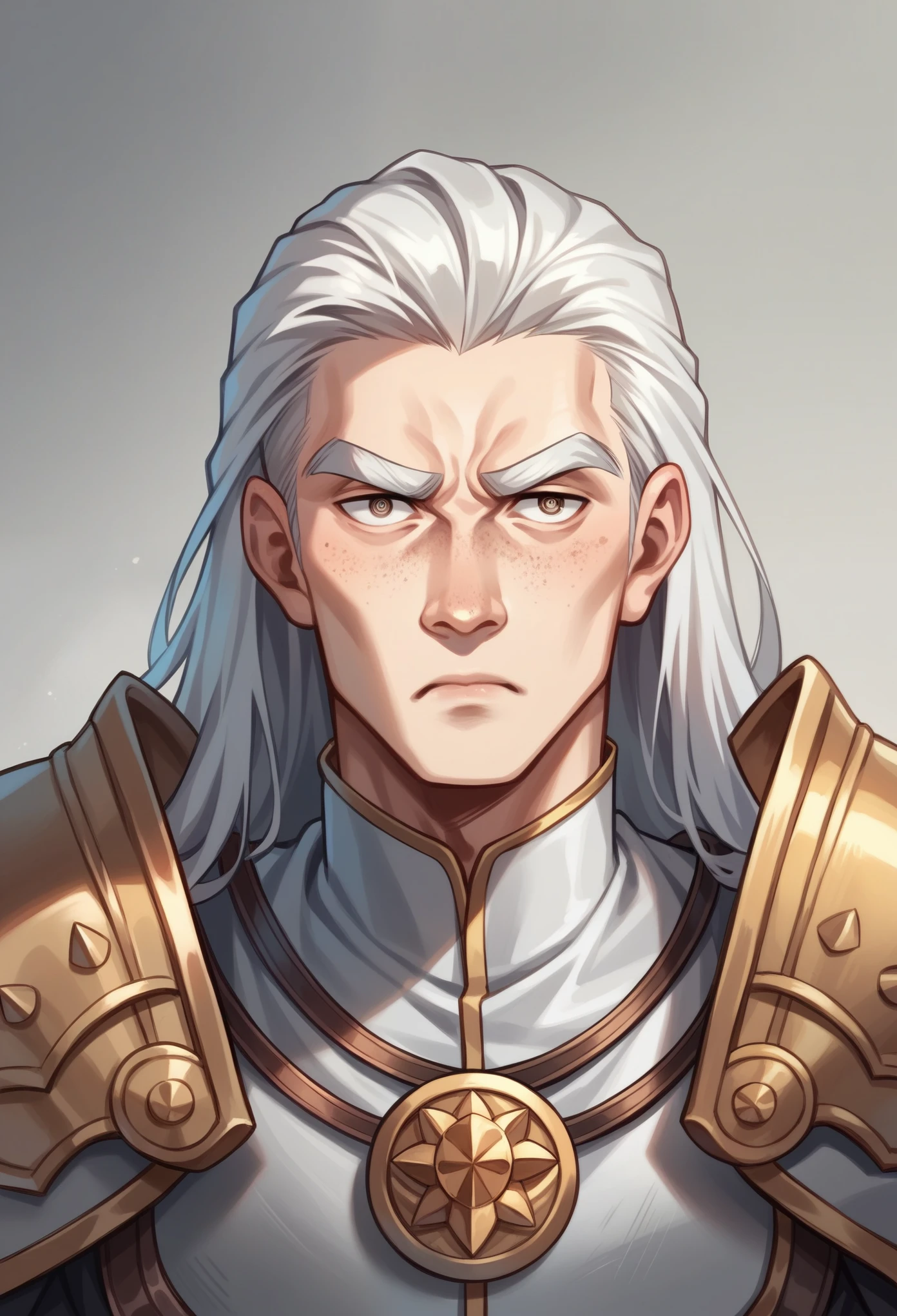 Warrior in white armor with runes, Male, Human, 38 years old, endomorphic body, light skin, ash white hair, long hair length, complex hairstyle, square face shape, almond eyes, wide lips, wide eyebrows, descending eyebrows shape, small nose size, button nose shape, freckles.