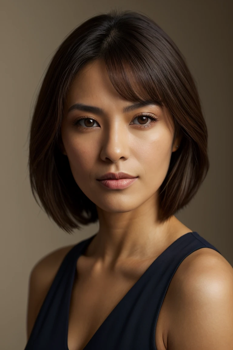 Portrait d'a Taiwanese woman'middle age, 40 ans, visage mignon, Mince, Tortitz, (gros affaissement:1.1), mamelons énormes, porter (Sexy yoga tops:1.2),Cheveux courts,Exercice en cours de yoga