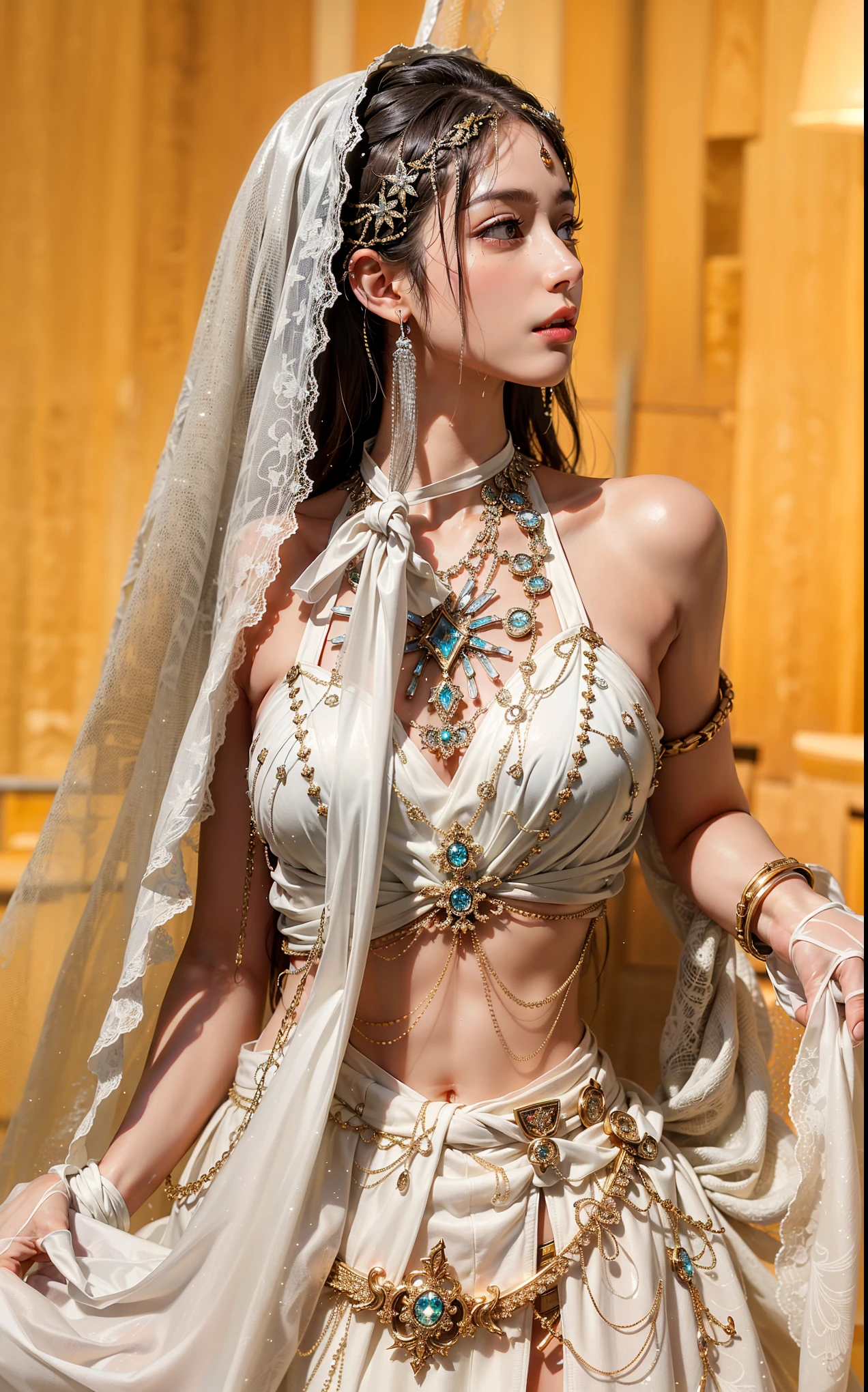 8k quality，Beautiful girl with prominent slim abdominal muscles: 1.4, (((The tip of the nipple protrudes, Areola protrusion, The shape of the abdominal muscles is clearly visible)), Six-pack abs: 1.4,  photo, sharpest, Unique 850 4, Koda850K portrait camera, f1.6 Guns, Ultra-realistic textures, Spectacular light textures, Cinestil 800 Fashion Mechanic, Metal shackles,  The wet crotch is clearly visible, Swarovski sword，Anatomy, Future Sci-Fi Battle Fashion，breasts   symmetrical