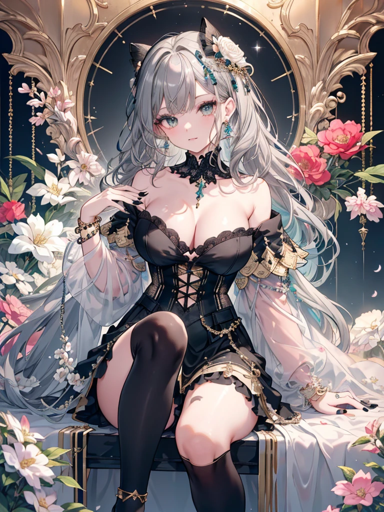 Vivid、8k,High resolution RAW color art, animation,Sculpture, Silver Marble Skin, (((Highly detailed elegant))), Magical atmosphere, Detailed skin, texture,(Exquisitely crafted, The finer details, Ultra-detailed art), Depth of written boundary, Silky Touch, Hyper Detail, White Background、Beautiful Eyes, Elegant face, Ivory Rose, eye shadow、(Highest quality:1.2, High detail, masterpiece:1.2, Best aesthetics), (1 Girl), Beautiful woman, Beautiful attention to detail, Beautiful lip detail, Highly detailed face, Delicate depiction of hair and eyes, Detailed Fashion, Aqua Eye, Earrings, Slightly larger breasts,Full body depiction, ,Focus on the user、Beautiful black off-shoulder top、Beautiful black above the knee skirt、Tights up to the knee、Thighs、Gold decoration, Black nails, (((Gray Hair))), Gold bracelet, Long Straight Hair, Light blue inner hair、Hair、Red cheeks、Looking up、evening、Cherry Blossom、Fluttering clothes,