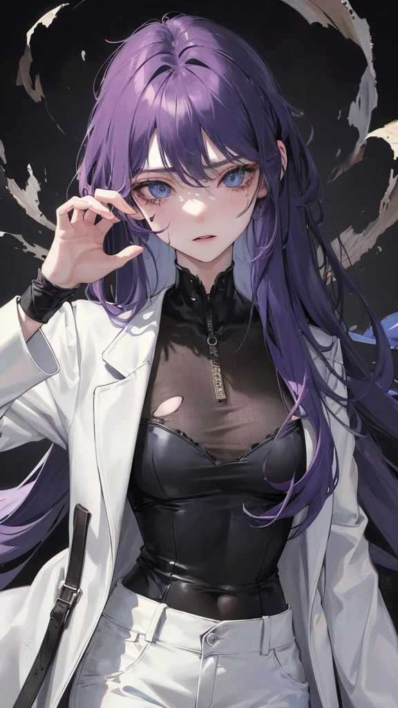 (Top resolution、Distinct_image)top-quality、A girl、​masterpiece、highly detailed, half body, Semi-realistic、deep blue eyes 、18year old、dark purple hairs ,young 、Exquisite facial features、Facial features ,variation potrait, injured, long  hairstyles, zl apocalypse, teenage, cool , cold sharp eyes, An expression of despair., Torn clothes, destroyed clothes, damaged clothing, all dirty, dirty, dirt, lifeless eyes, blood on face, , {Very detailed 8k CG unit wallpaper}, Handsome, solo, female, mafia, black shirt, white pant, black gloves, white coat,