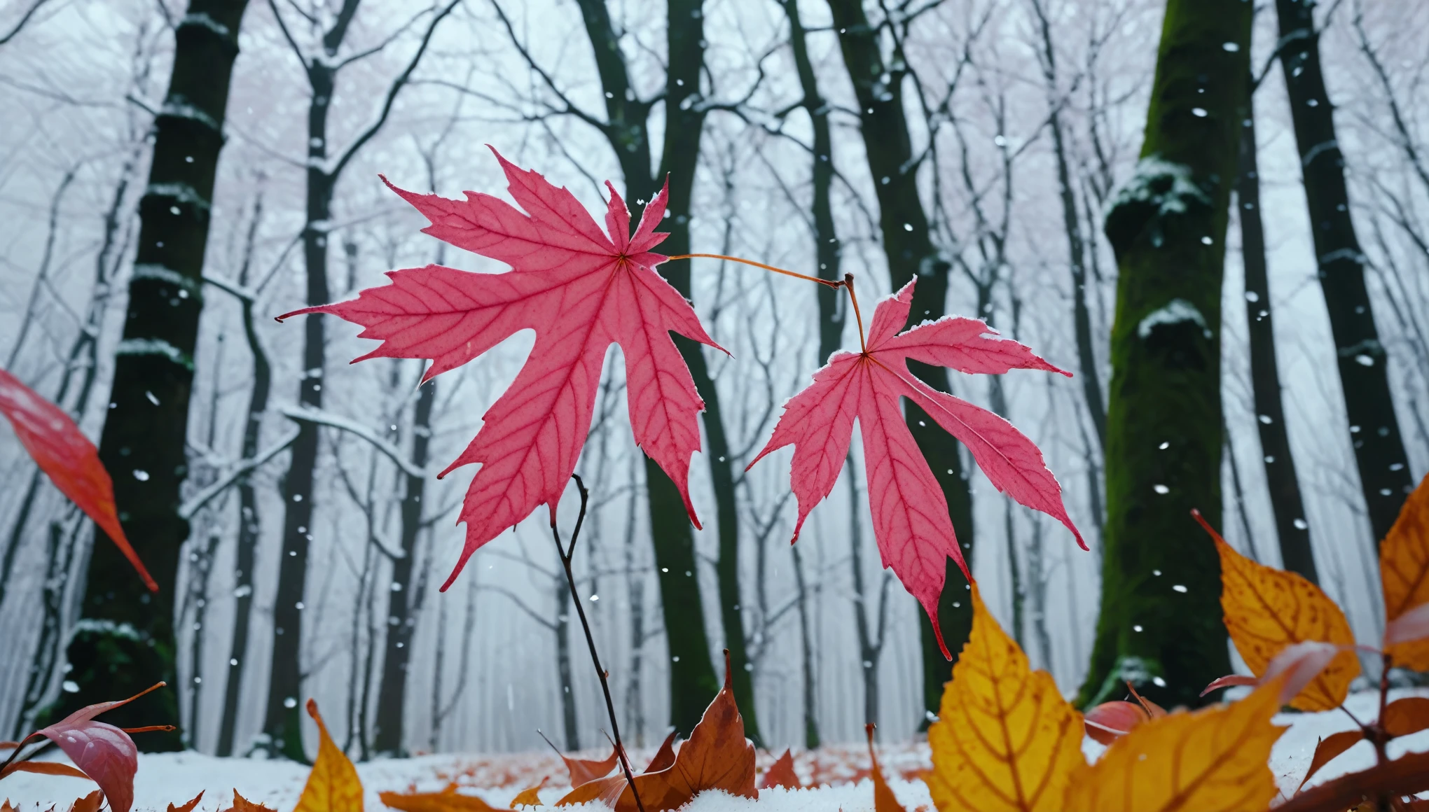 light pink leaves,winter leaves, magical round leaves leaves falling, snow is falling thinly,nature documentry footage, youtube video screenshot, today's featured photography 4k, autumn rain turkel, nature photography 4k, november, cinematic widescreen shot, leaves and magic, high quality screenshot, 2 0 2 1 cinematic 4 k framegrab, wide screenshot