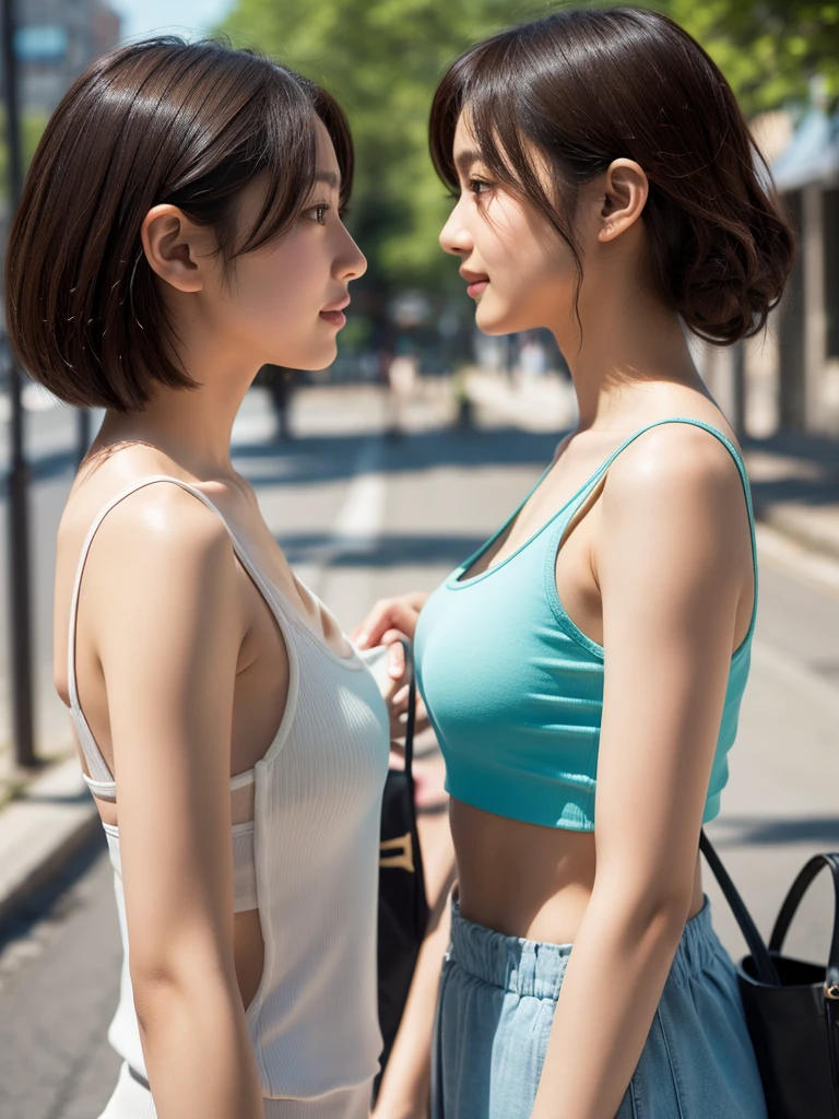 Tabletop、masterpiece,(Stock Emphasis:1.3)、(Tank top),Natural light、 Attention to detail, Depth of written boundary, 135mm, Super detailed, high quality, Awards, 最high quality, High resolution, 8k,30 years old、(Two women facing each other:1.5),Correct skeleton,(Side Shot;1.3),(Side view:1.5),(On the street),smile