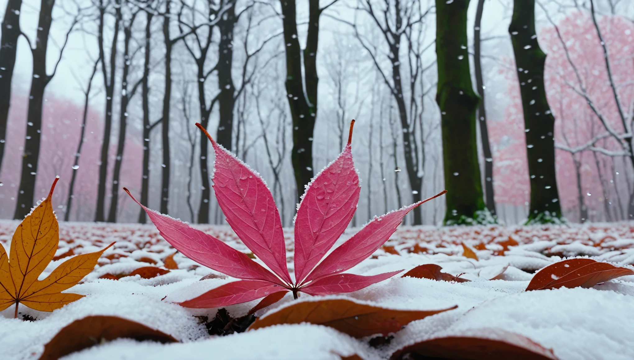 light pink leaves,winter leaves, magical round leaves leaves falling, snow is falling thinly,nature documentry footage, youtube video screenshot, today's featured photography 4k, autumn rain turkel, nature photography 4k, november, cinematic widescreen shot, leaves and magic, high quality screenshot, 2 0 2 1 cinematic 4 k framegrab, wide screenshot