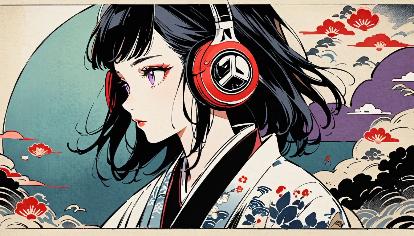 Purple Eyes, Ink Painting, 1 girl, tattoo, sunglasses, Japanese style headphones, beautiful girl, Black Hair, peace, Delicate and precise, Modern ukiyo-e style, Multicolored background