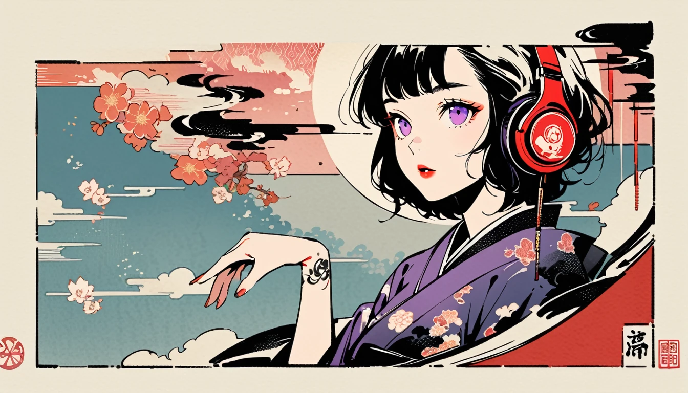 Purple Eyes, Ink Painting, 1 girl, tattoo, sunglasses, Japanese style headphones, beautiful girl, Black Hair, peace, Delicate and precise, Modern ukiyo-e style, Multicolored background