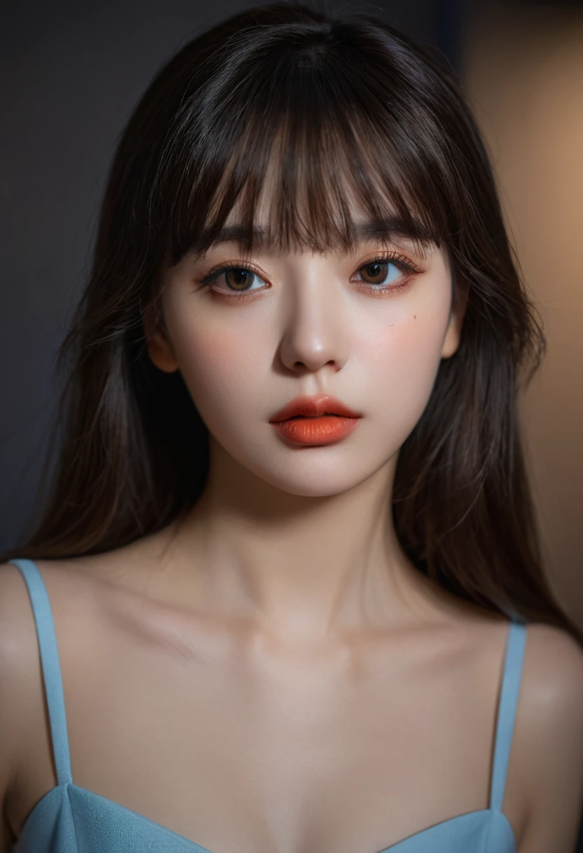 8K, best quality, 1 Girl, (Skin Indentation), night, (dark), Indoor clear background, (people), Beautiful bangs, Gorgeous,, (Clothing and:1.3),Soft lighting, attractive, dark Room, (mouth close:1.2, beautiful eyes, Delicate eyes, Detailed iris, Beautiful lips, Beautiful nose, Pretty Face),(primary color:1.5)